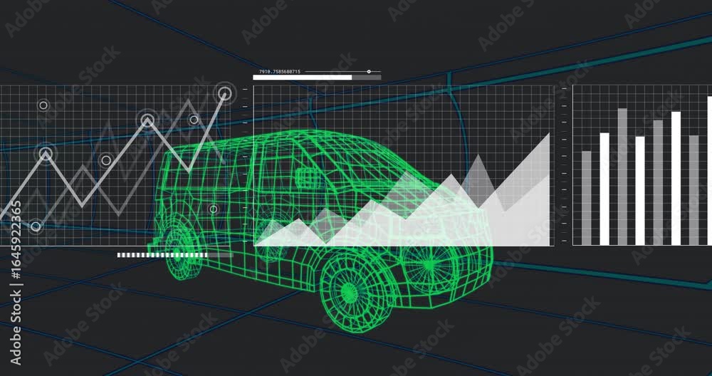 Neon green wireframe van appearing as grid rendering line area bar ...