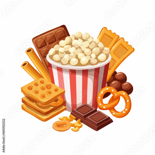 Colorful flat snack icons for cinema, party, and leisure themes