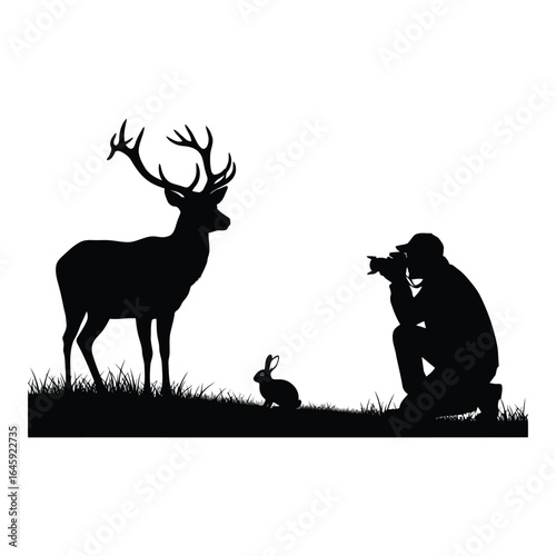 Silhouette vector art of photographer taking picture of deer and rabbit in nature, isolated on white background
