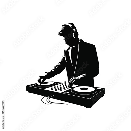 Silhouette of DJ at turntables in bold and modern AI and EPS vector format isolated in black and white