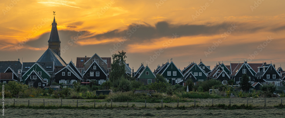 Fototapeta premium Panorama of Marken by sunset, idyllic dutch village in Province North Holland