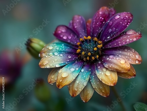 Closeup of a vibrant, multicolored flower with dew drops on its petals, showcasing natures delicate beauty and fresh, wet flora