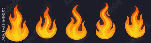 Fire flame vector set. Different shapes of burning icons for safety, campfire, energy, heating, power, and decorative design isolated on white.