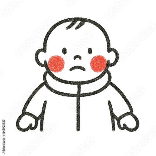 Toddler with red cheeks looking concerned in winter coat illustration  