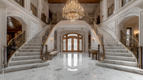 Grand White Marble Staircase in Luxurious Home Entrance