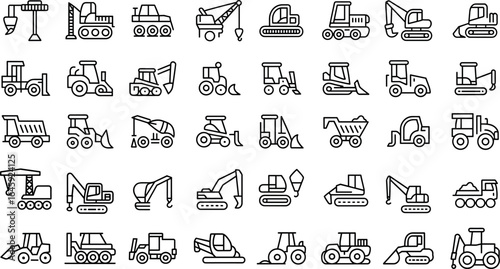 Construction vehicle line icon set, truck, van, dump truck, trailer, helmet earthmover renovation, hard hat, mechanical, and more victor illastretion.