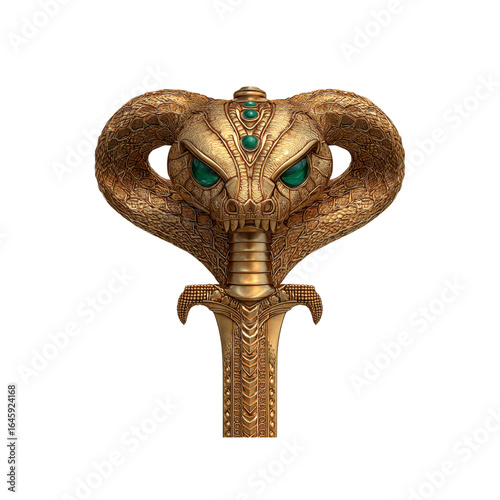 Ornate Golden Serpent Staff with Emerald Eyes - 3D Render of Ancient Egyptian Artifact