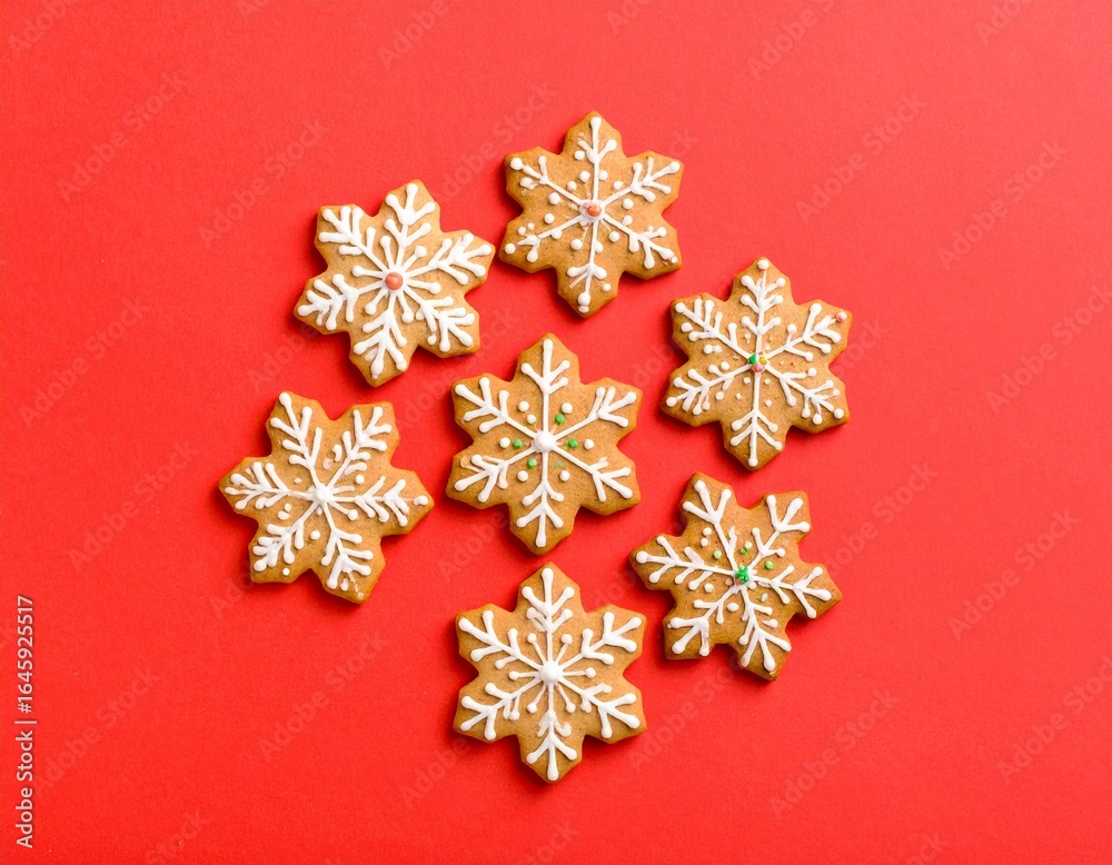 Fototapeta premium Christmas cookies arranged in the shape of a snowflake, top-down view, soft warm ligh