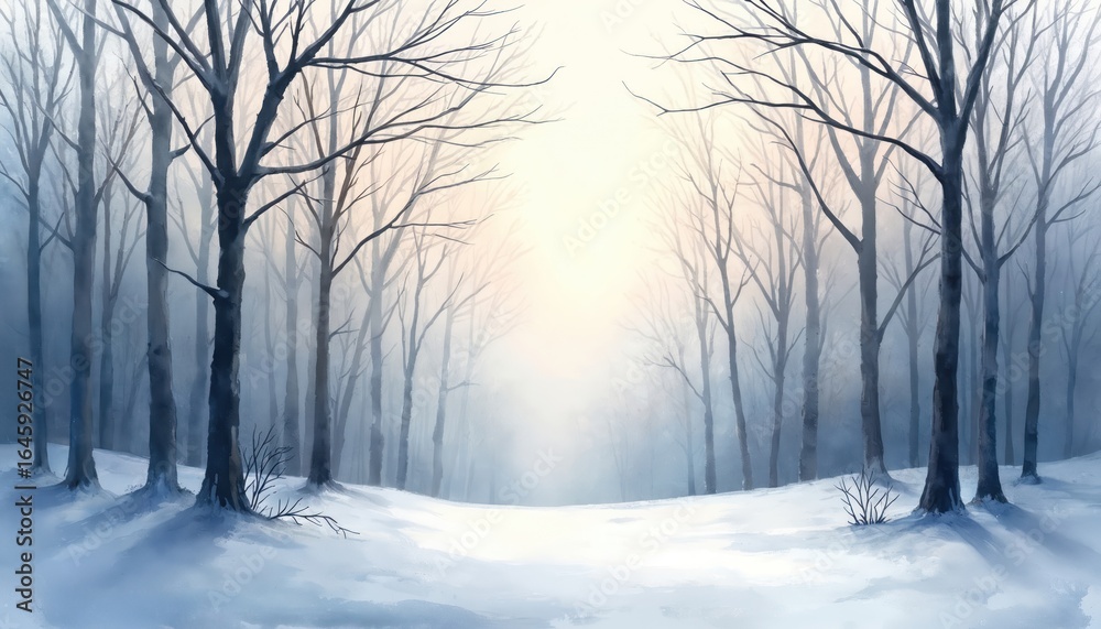 Fototapeta premium Delicate bare tree silhouettes in serene winter landscape, illuminated by soft light. Snow-covered ground enhances peaceful atmosphere, creating sense of stillness, beauty. Artistry, minimalism