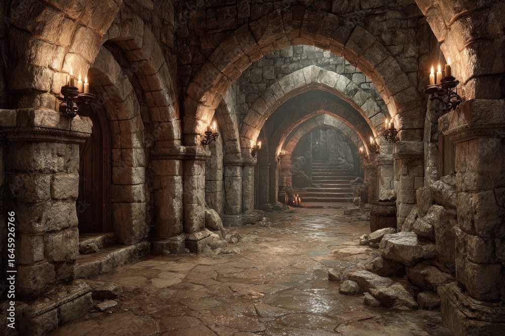 Fototapeta premium Medieval stone passageway. Arched corridors, light filtering, ancient