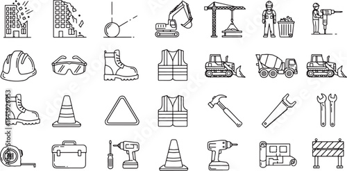 Collection of construction and safety equipment icons for industry projects