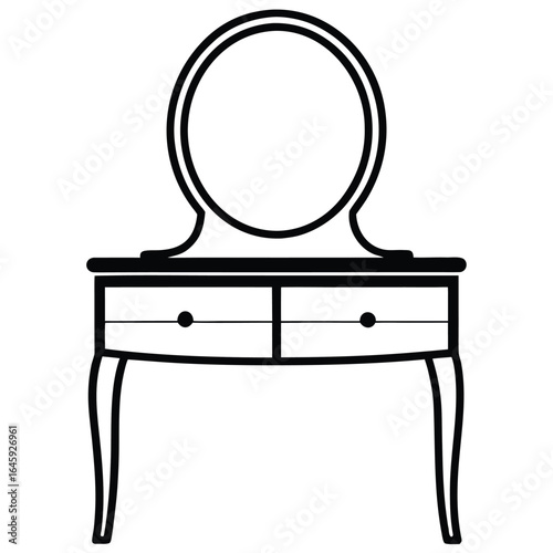 Black outline of a vanity table with mirror and drawers