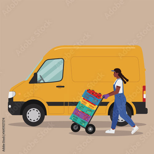 A delivery woman in blue uniform is transporting packages with a yellow van as a symbol of efficient and reliable shipping service for businesses