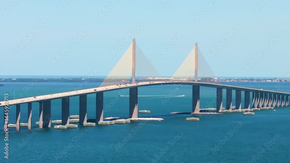 Highway road with driving traffic cars on Sunshine Skyway Bridge over Tampa Bay in Florida. Transportation infrastructure in USA Highway road with driving traffic cars on Sunshine Skyway Bridge over Tampa Bay in Florida. Transportation infrastructure in USA