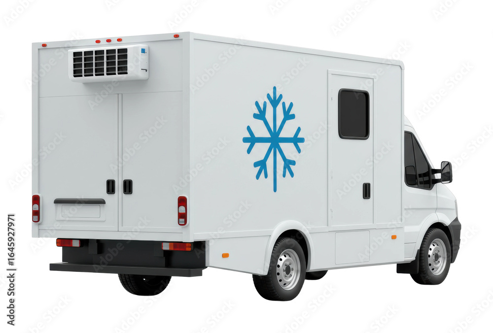Naklejka premium Cold storage delivery van urban setting transportation vehicle commercial use side efficient logistics. Cut out png