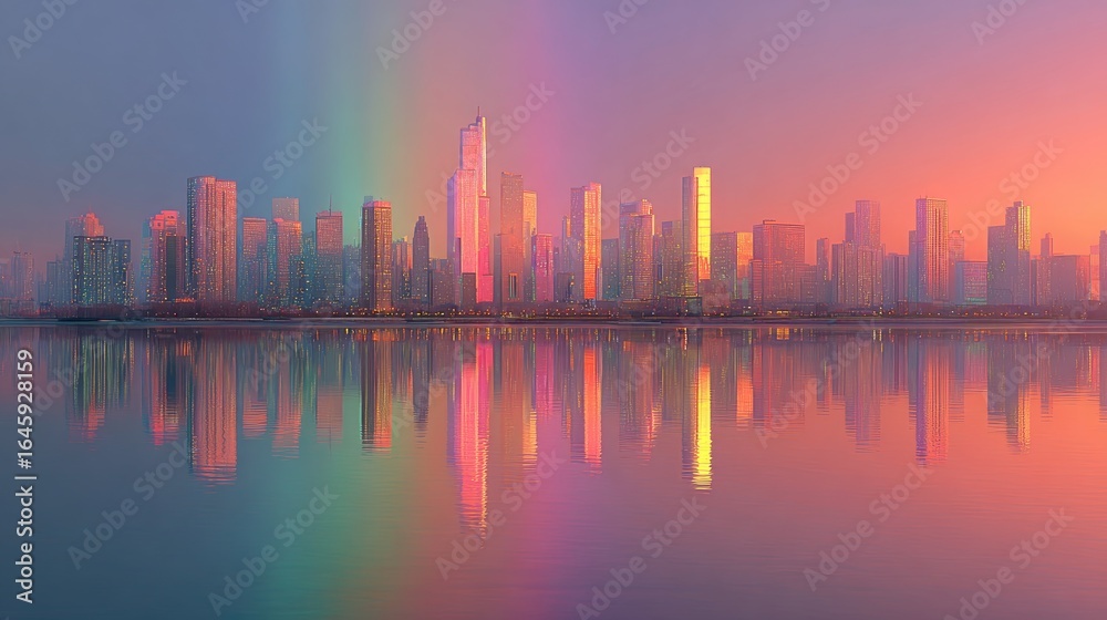 Fototapeta premium Vibrant cityscape at sunrise, reflected in calm water, with a pastel rainbow