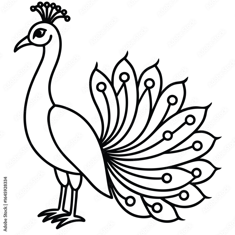 Fototapeta premium Black outline peacock with fanned tail on white background