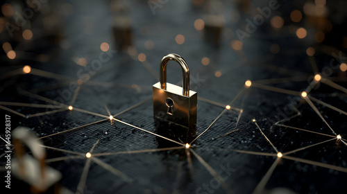 Gold Padlock on Dark Network Mesh: Digital Security Concept
