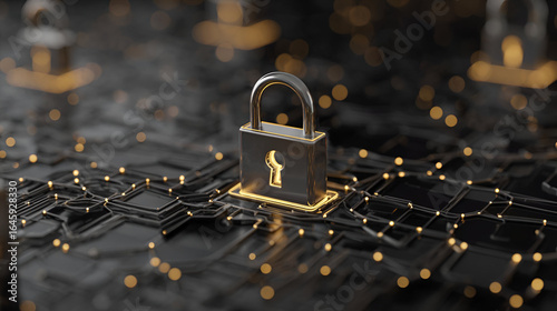 Metallic Padlock on Illuminated Circuit Board Abstract Cybersecurity Concept