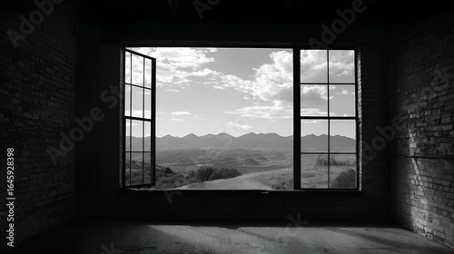 Open Window View of a Rural Landscape in Black and White