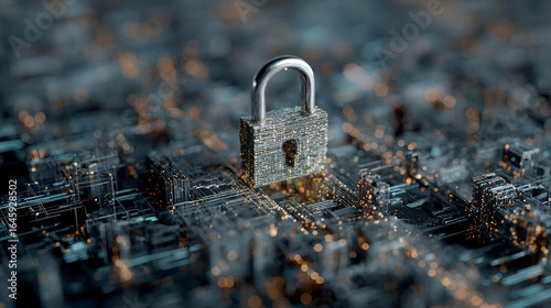 Silver Padlock on Abstract Circuit Board Background