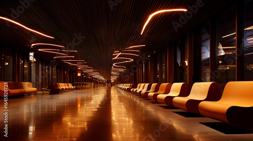 Modern Airport Lounge Interior at Night with Warm Lighting and Rows of Chairs