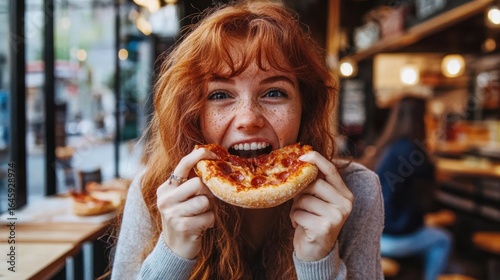 Woman eating pizza in cafe