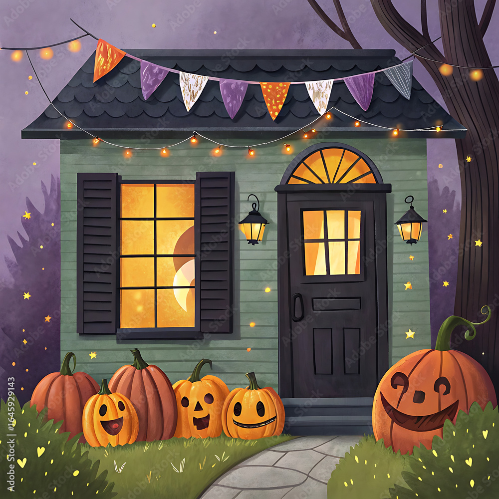 Obraz premium Cozy halloween house decorated with pumpkins and festive lights