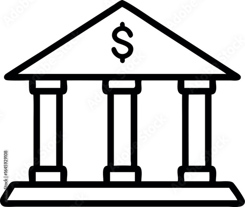 Simple line drawing of a bank building with a dollar sign isolated on white background