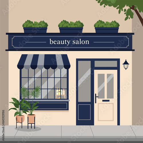 A beauty salon facade with plants and awning, showcasing urban design and inviting entrance, perfect for retail and commercial businesses