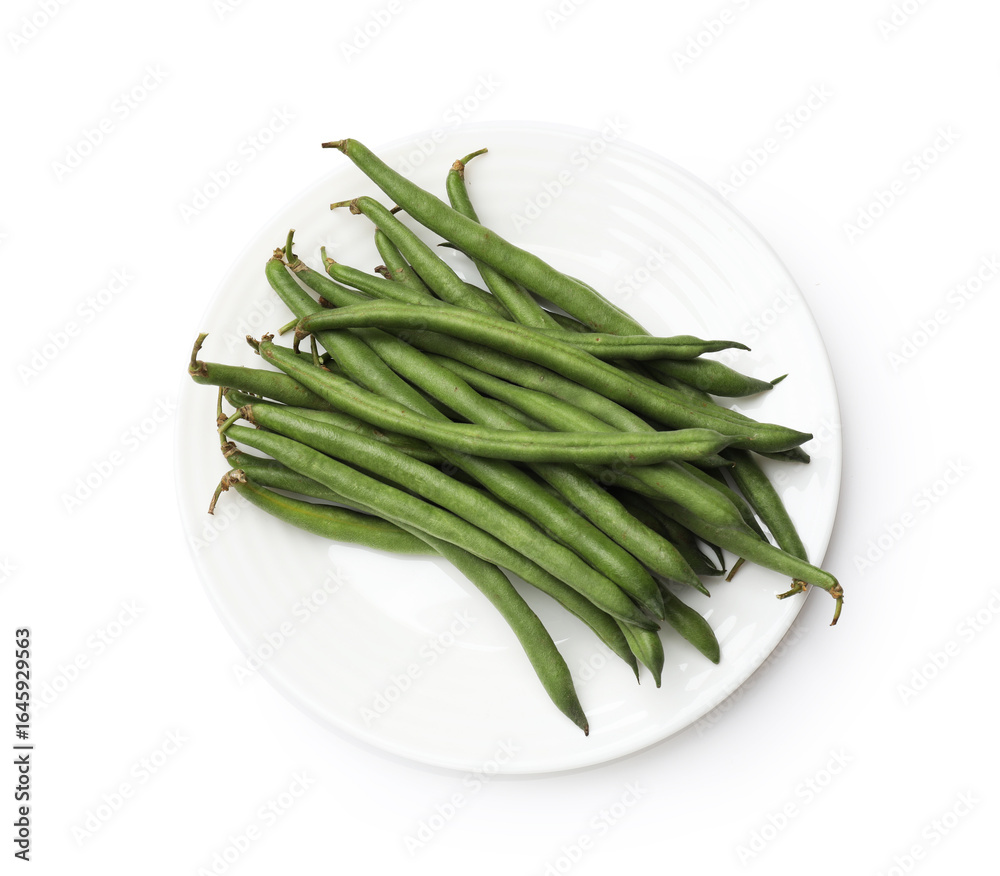 Fototapeta premium Fresh pea pods isolated on white, top view