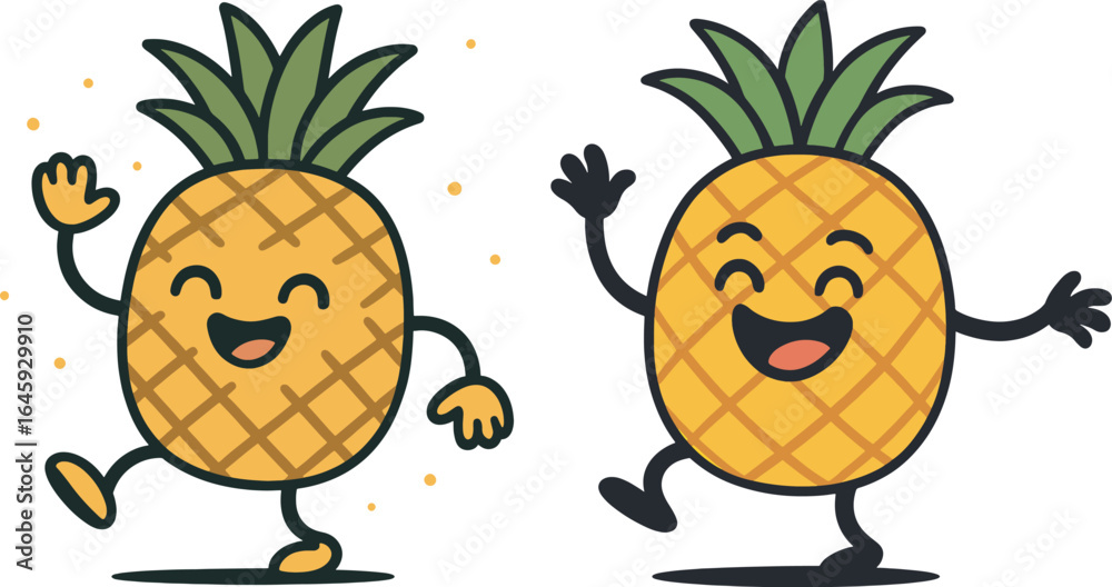 Fototapeta premium Dancing Pineapple Cartoon Character 🍍: A cute and happy pineapple mascot illustration. Perfect for summer party designs, logos, and stickers.
