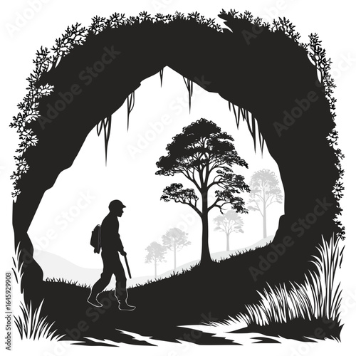 Cave entrance with stalactites silhouette