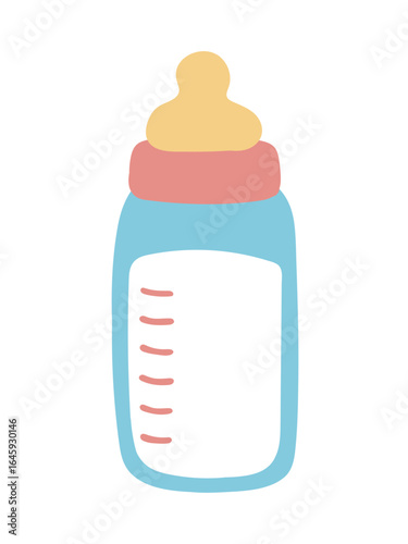 赤と黄色と水色で描かれた哺乳瓶のミルクのかわいいイラスト