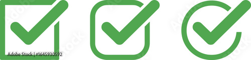 Three green check marks in different box styles on white background check box checkbox