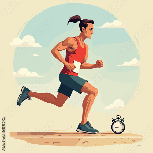 Male runner preparing for race while looking at stopwatch outdoors  