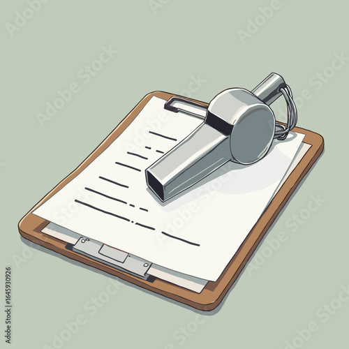 Silver whistle on clipboard with strategy sheet for coaching  