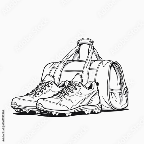 Sports cleats and gym bag in minimal line art style  