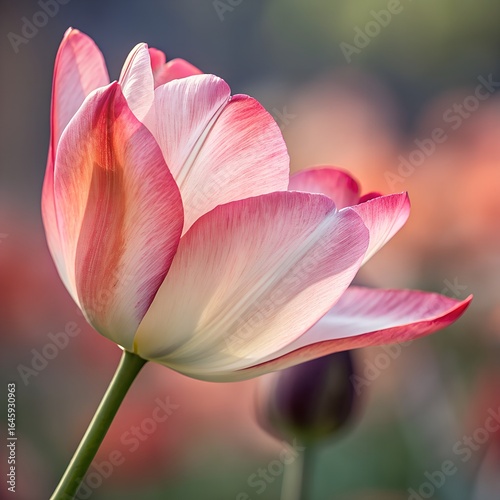 Delicate pink and white tulip petals gently unfurling in soft sunlight