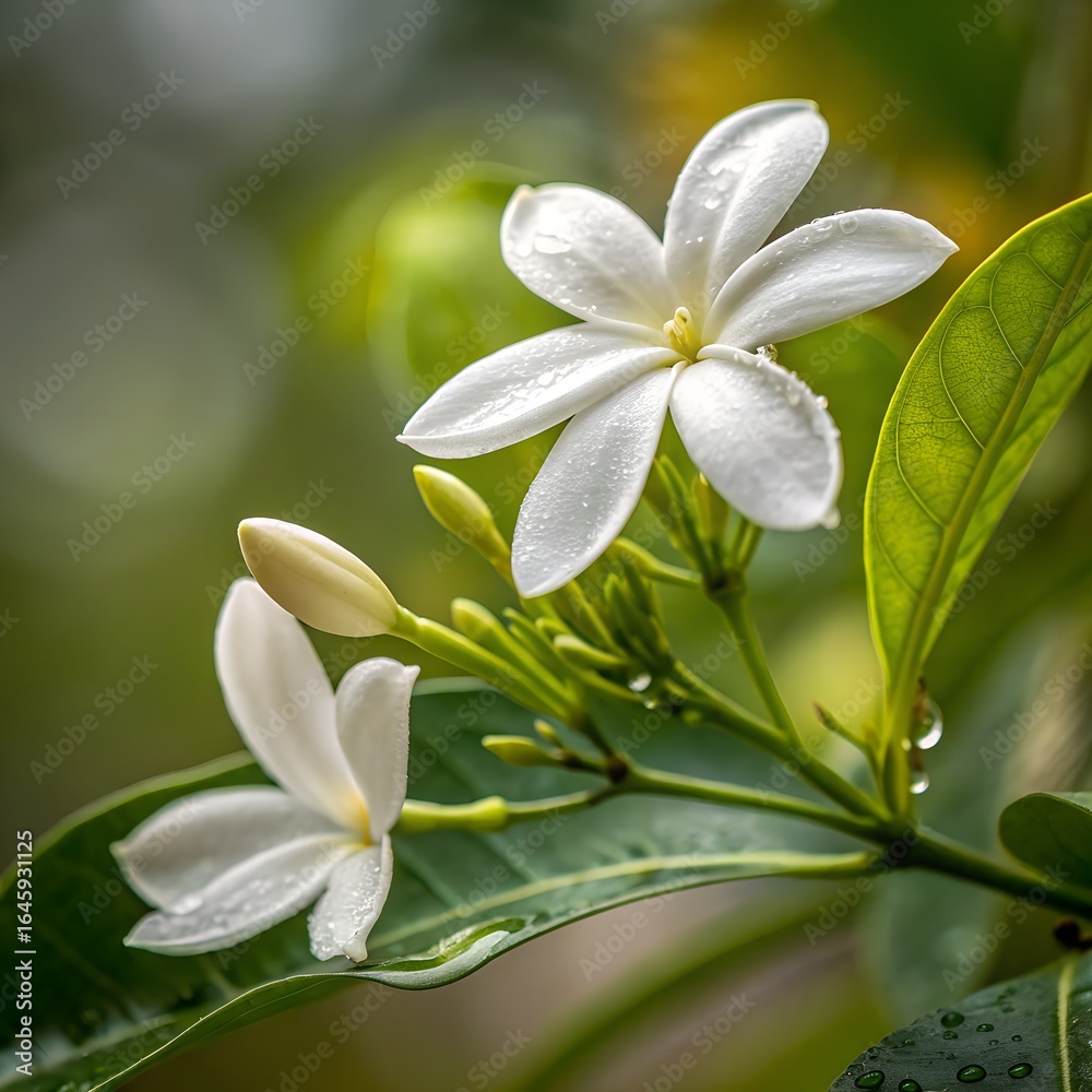 Obraz premium Delicate white star shaped flowers bloom amidst lush greenery outdoors