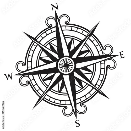 Compass rose with ornate design silhouette
