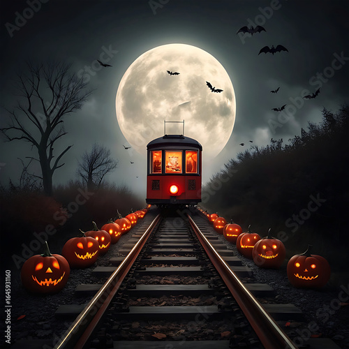 Spooky halloween train on tracks with pumpkins under a full moon