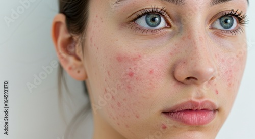 Dermatology close-up of young woman’s face with acne and red pimples on cheeks and chin, isolated on white background, skin condition photo