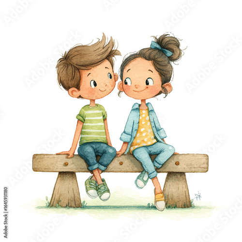 Watercolor Illustration of a Boy and Girl Sitting on a Rustic Wooden Bench