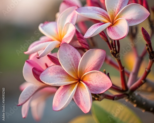 Delicate pink and white plumeria flowers bloom in soft sunlight