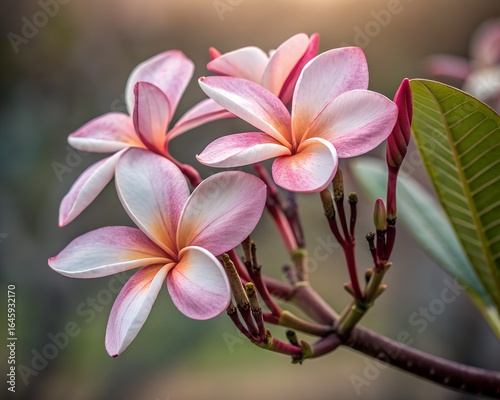 Delicate pink and white plumeria flowers bloom in soft sunlight