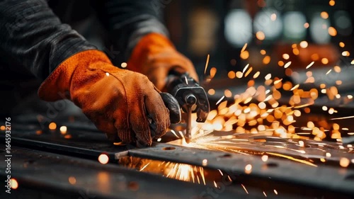 Skilled Worker Using Angle Grinder to Cut Metal Sparks Flying