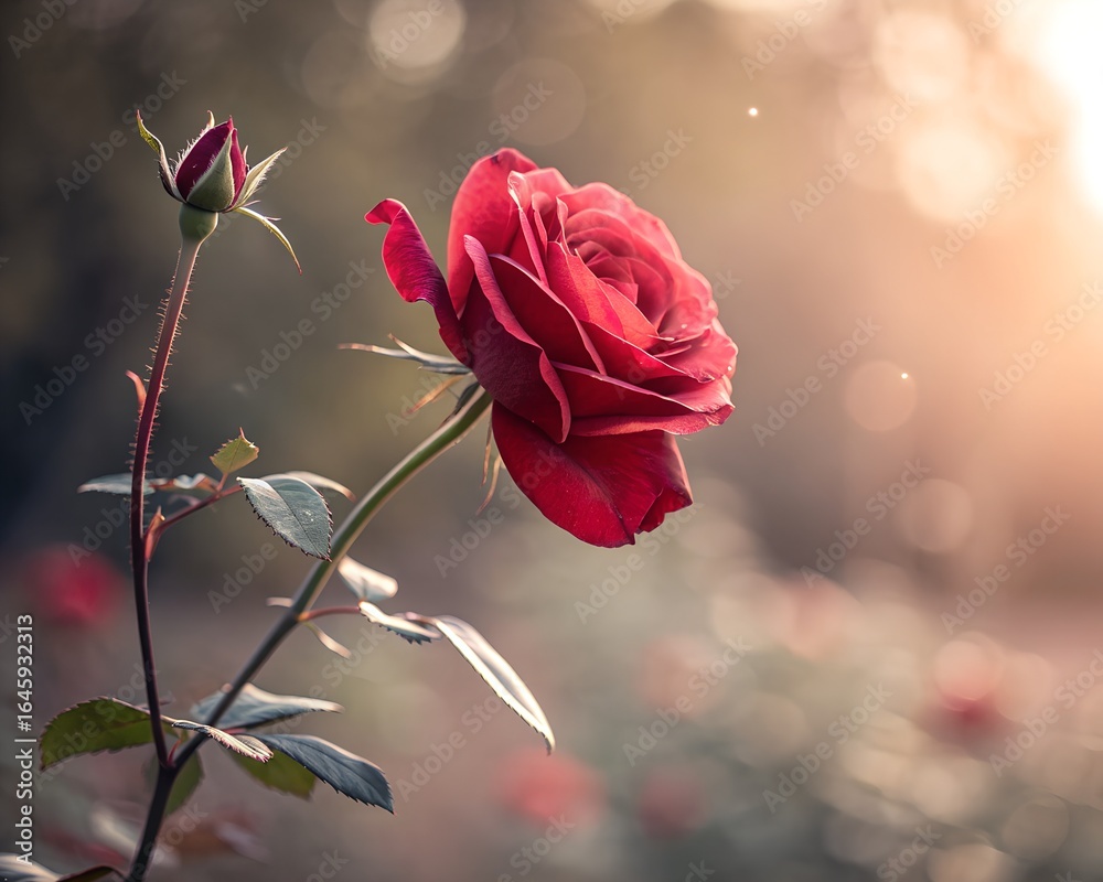 Obraz premium A single red rose blooms in the soft golden light of sunset
