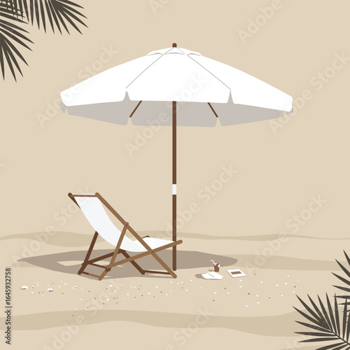 A serene beach scene with an umbrella, chair, and drink, inviting relaxation and escape on a tropical summer vacation