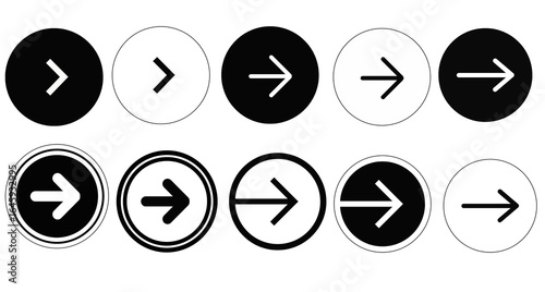 Minimalist right arrow icon in a solid black circle, flat vector style